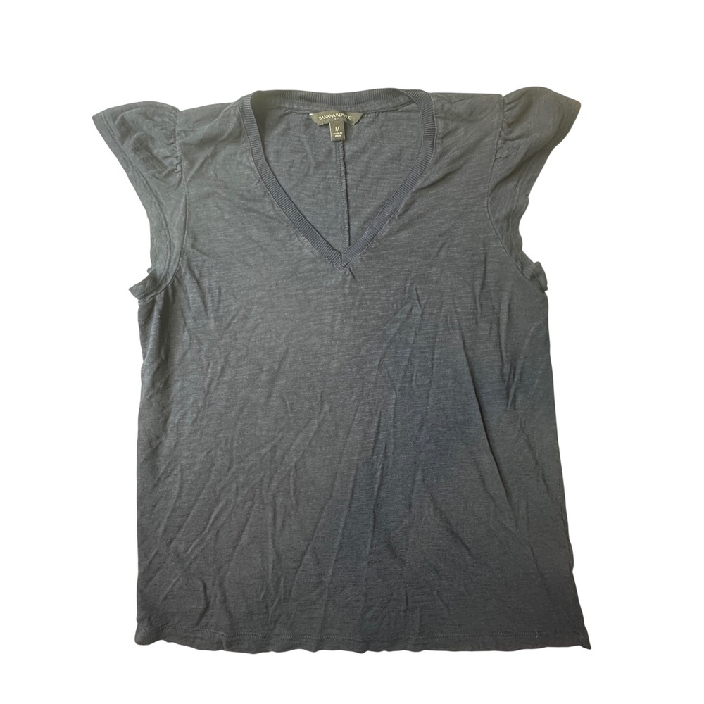 Banana Republic Top Womens M Blue SS MM VEE FLUT Flutter Sleeve V-Neck 547215